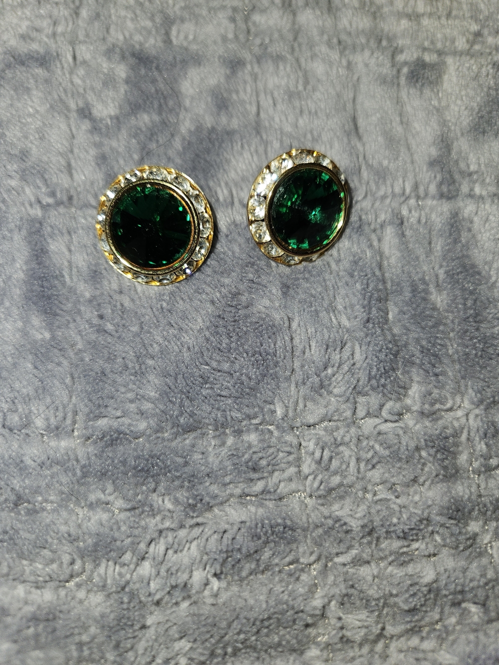 Emerald Green Crystal Round Button Earrings Gold Tone Halo Cocktail Costume Jew.